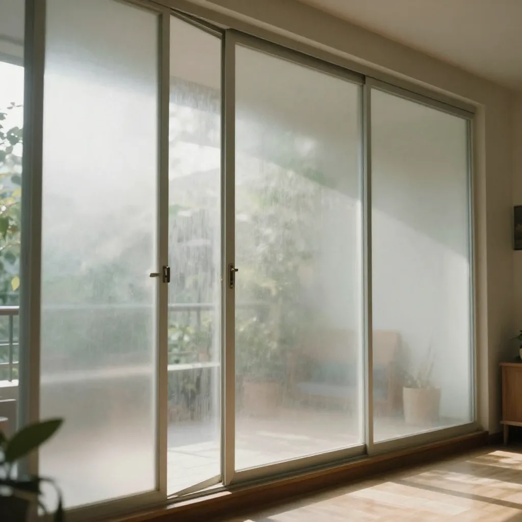 Sunset light creating golden patterns through glass design